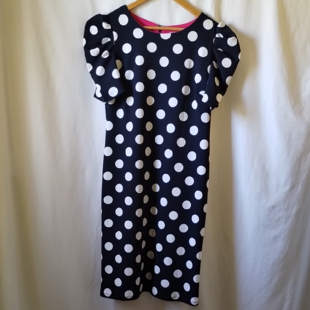 Shelby & Palmer Navy and White Polka Dot Midi Dress with Puff Sleeves.
